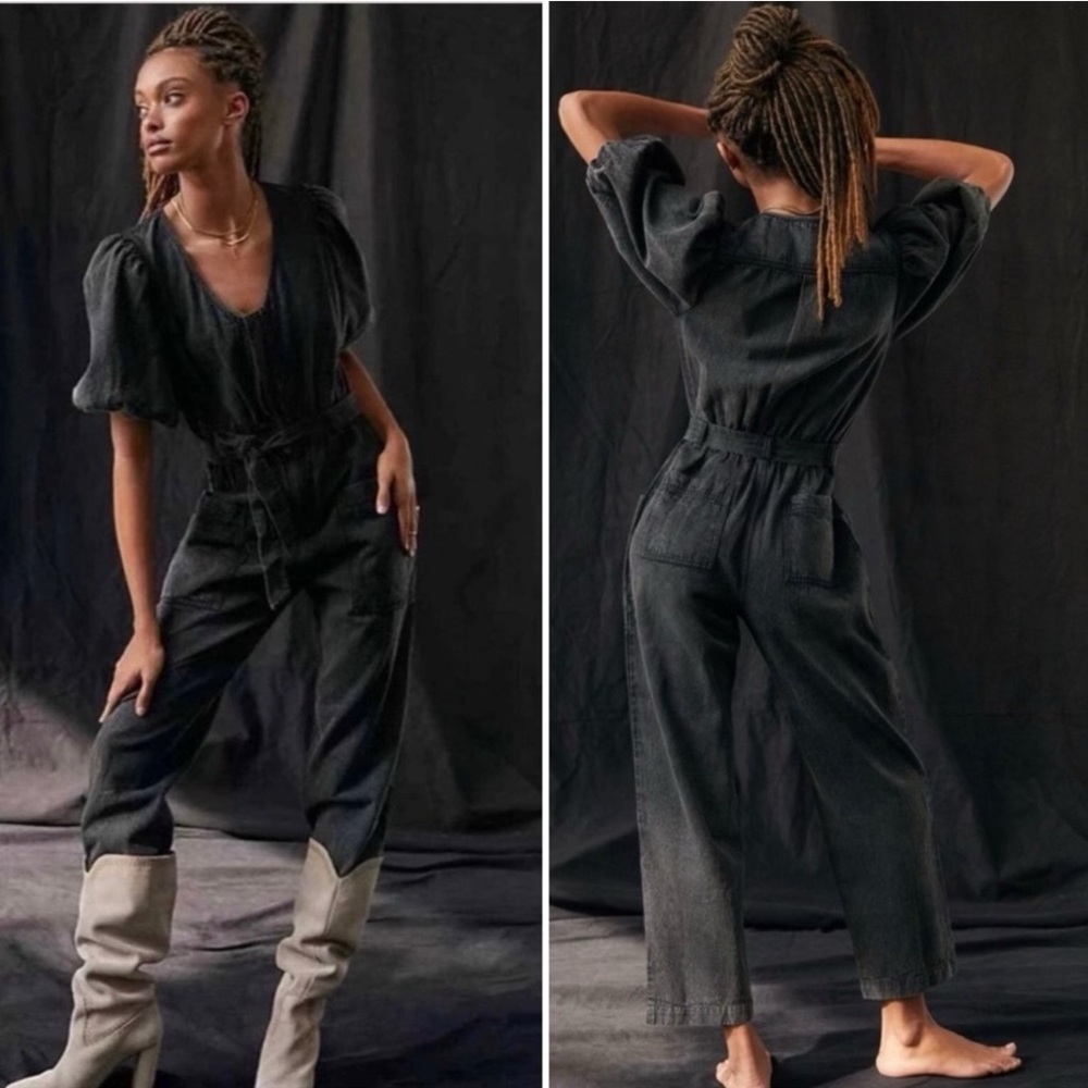 Anthropologie Othilia Acid Wash Puff Sleeve Utility Jumpsuit Charcoal Gray M - Picture 2 of 16